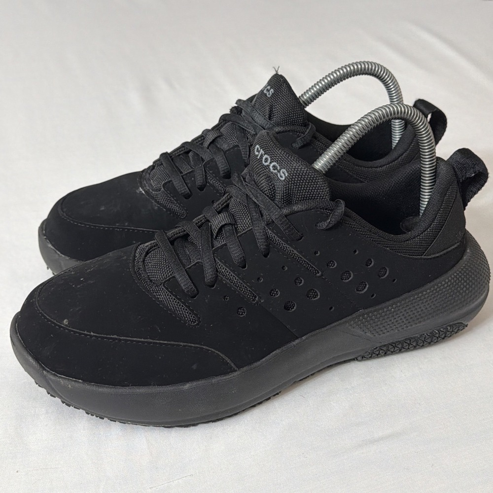 LiteRide Crocs Women's 10 Black Suede Work Shoe Sneaker Lace-Up Comfy Casual Gym
